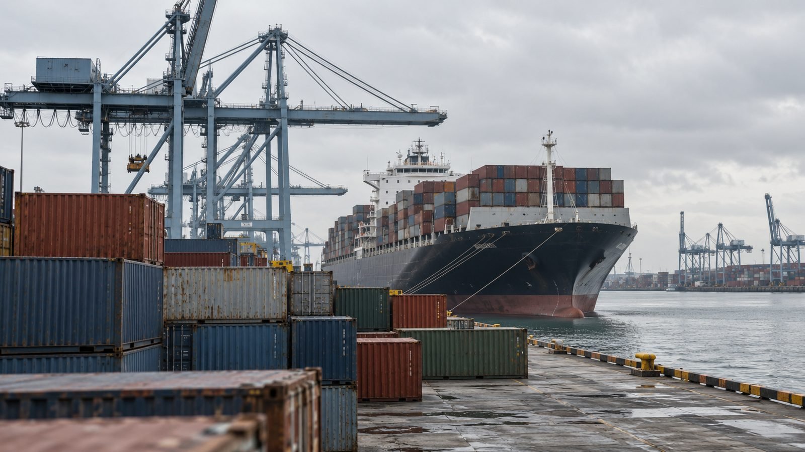 Container ship being loaded at a shipping terminal, stacks of containers on the dock in the foreground
