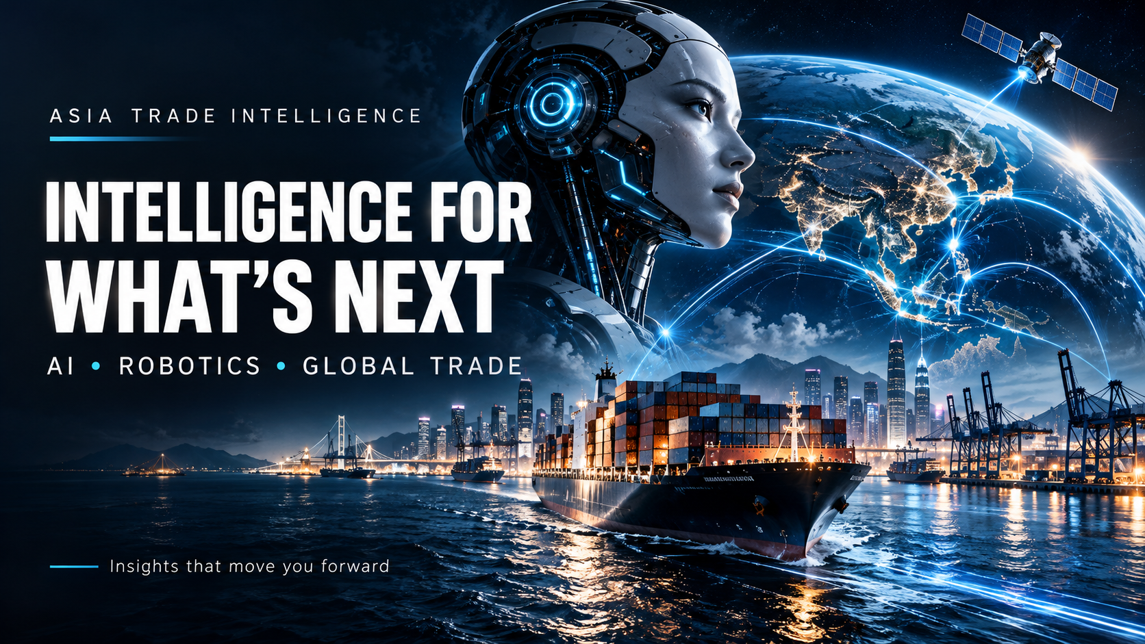 Asia Trade Intelligence — Intelligence for what’s next. AI, robotics, global trade. A futuristic robot, Earth, a satellite and a container ship connected by glowing blue routes. Insights that move you forward.